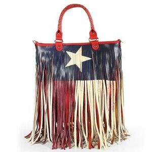 American Flag Fringe Leather Tote Bag with Star Design